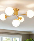 Brushed Gold Five-Globe Semi-Flush Mount Light With Dope Mid-Century Vibe, Low Ceiling Friendly, 27.5 Inch Wide Opal Frosted Globes
