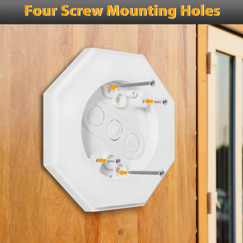 Vertical Siding Mounting Block For Outdoor Lights And Cams With Built In Electrical Box Octagon Style Textured Paintable Surface Easy Install For T111 HardiePlank Siding And Other Flat Vertical Surfaces, white ABS, four screw holes