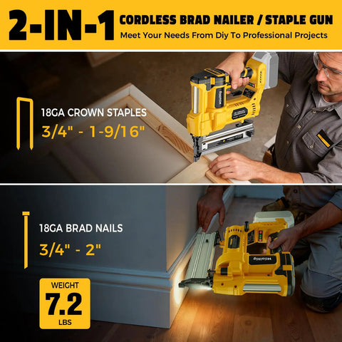 Workhorse Cordless Brad Nailer 18 Gauge 2 Inch Drive 2 In 1 Electric Staple Gun Compatible With DeWalt 20V Max Battery 7.2 Lbs in use for woodworking.
