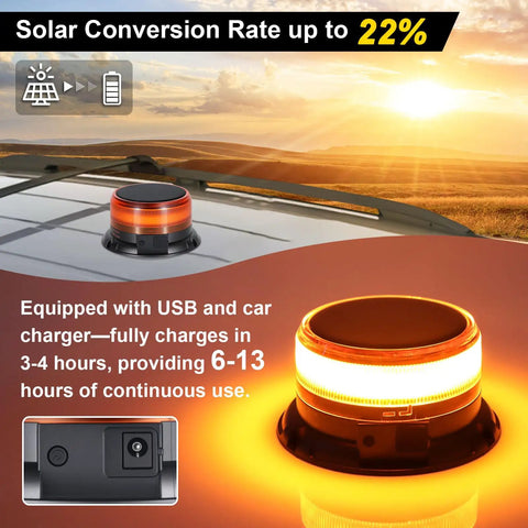 Badass Solar LED Amber Beacon Light With Weather Resistant Magnetic Base And Rechargeable Rotating Strobe Lamp For Pickups Tractors Golf Carts And Job Site Rigs on vehicle roof with sunset.