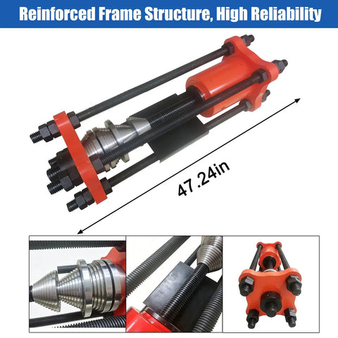 Rock Solid 150 Ton Hydraulic Sleeve Press And Chain Repair Machine, reinforced frame, length 47.24 in, industrial grade tool.