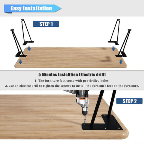 Hairpin Leg Set 16 Inch Black Metal Table Legs with Rubber Floor Protectors installation guide on wooden table