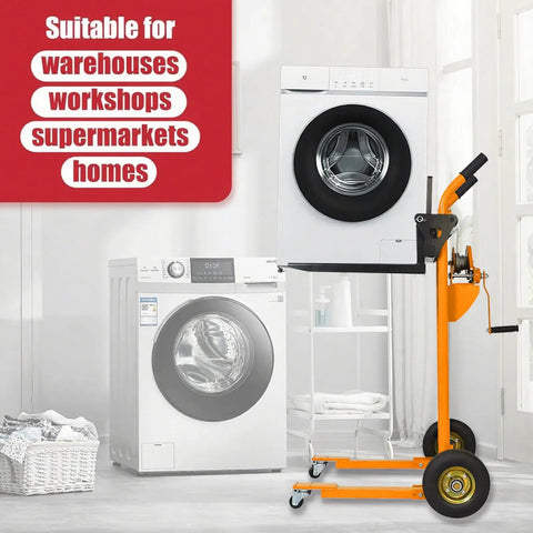 The Heavy Duty Manual Pallet Stacker Material Lift Winch Loader With 330 Lbs Capacity And Rubber Swivel Casters For Hassle Free Shop Floor Freight Hauling beside a washing machine in a bright interior.