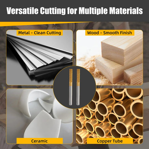 Cylindrical Tungsten Carbide Cutter With Titanium Nitride Coating showcasing versatility on metal, wood, ceramic, and copper.