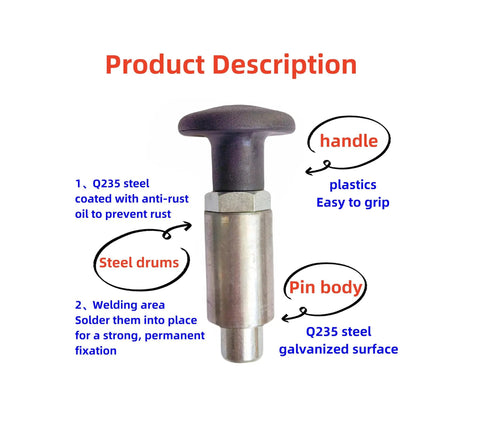 Heavy Duty Steel Pull Pin With Welded Barrel Handle And Black Spring Plunger Built Tough For No Sweat Setup and Solid Side Load Performance Sweet Fit For Any Garage Or Job Site Run, showing grip handle and steel pin body.