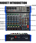 Pro 6 Channel Audio Mixer Console With USB Bluetooth MP3 Input 48V Phantom Power front panel close-up