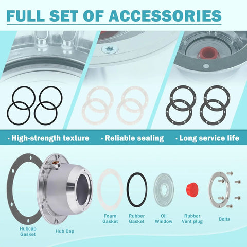 Aluminum Trailer Hub Cap Kit 343 4195, 4 Pack with Rubber Plugs, Gaskets, Oil Window, Bolts, Full Set of Accessories