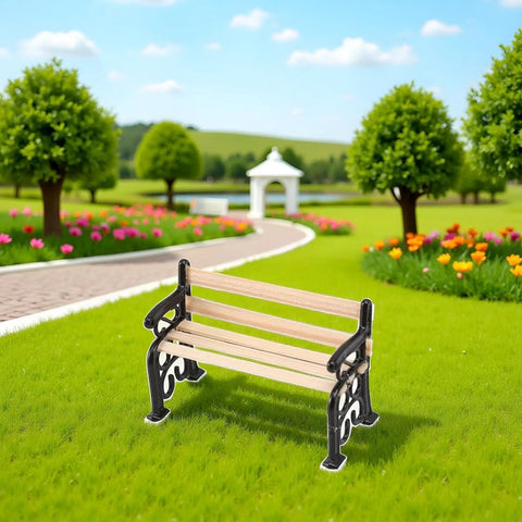 Two Pack Black One Twenty Fourth Scale Miniature Park Benches For Dollhouses Dioramas Outdoor Scene Decor Realistic Tiny Accessories displayed in a garden setting