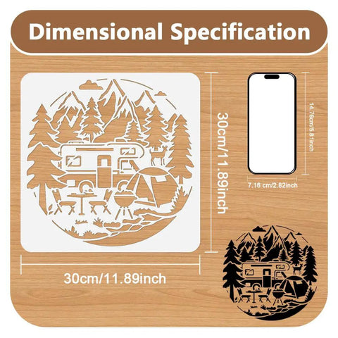 Camping Stencil For Painting 11.8 Inch Square Reusable RV Mountain Tree Template For Outdoor DIY Crafts size comparison