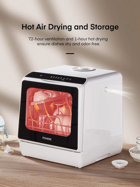 Sleek Countertop Dishwasher With Smart Delay Timer And Space Saving Design For Modern Home Kitchens; hot air drying feature.