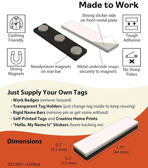 Rock Solid Magnetic Badge Holders Three Pack For Shirts Uniforms And Name Tags Featuring Neodymium Magnets with strong adhesive backing.