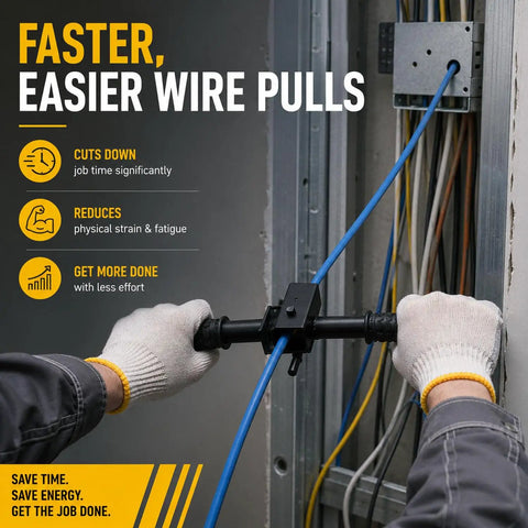 Heavy Duty Manual Wire Tugger Fishing Tool For Electricians To Pull Mule Tape, Fish Tape, And Ropes With Easy Grip Ergonomic Design and Secure Clamping Power, shown in use with blue wire.