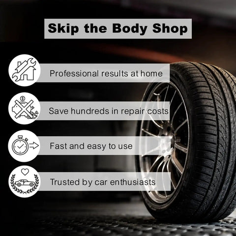 Top Shelf Gloss Silver Wheel Scratch Repair Kit For Smashing Gnarly Curb Rash On Beat Up Alloy Rims shown with benefits of use.