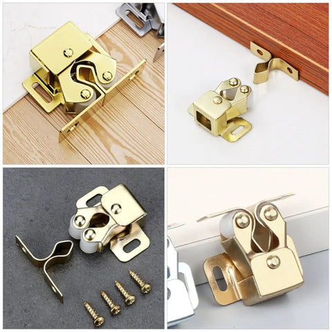 Six Pack Heavy Duty Metal Double Ball Roller Catch For Cabinet And Wardrobe Door showing various angles and screws for installation.