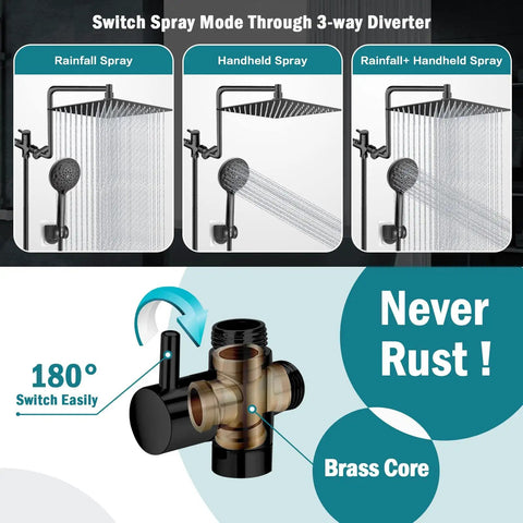 12 Inch Upgraded Adjustable Extension Arm Rain Shower Head And 6 Setting Handheld Shower Head Combo with 3-way diverter