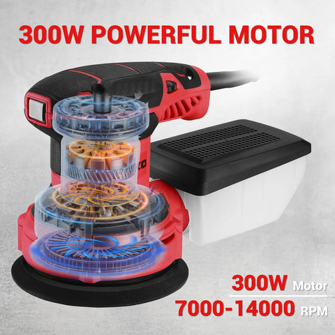 Heavy Duty 5-Inch Orbital Sander With Dust Collection, 14,000 RPM, 6 Variable Speeds, showing motor details