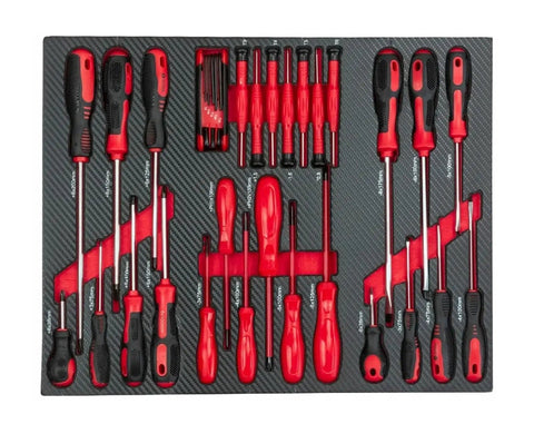 Red and black screwdriver tray from 420 Piece Home DIY Hand Tools Set With Organizer Box, Professional Tool Kit.