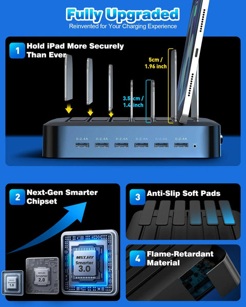 6 Port USB Charging Station Organizer For Multiple Devices With 6 Cables All In One Fast Charging Dock showing iPad securely held.