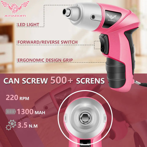 Straight Up Handy Compact Cordless Screwdriver With Forward Reverse Control For Quick Home Repairs And Furniture Setup Nifty Small Pink Power Tool With Ergo Grip Handle Storage Case showing LED light, ergonomic grip, and switch.