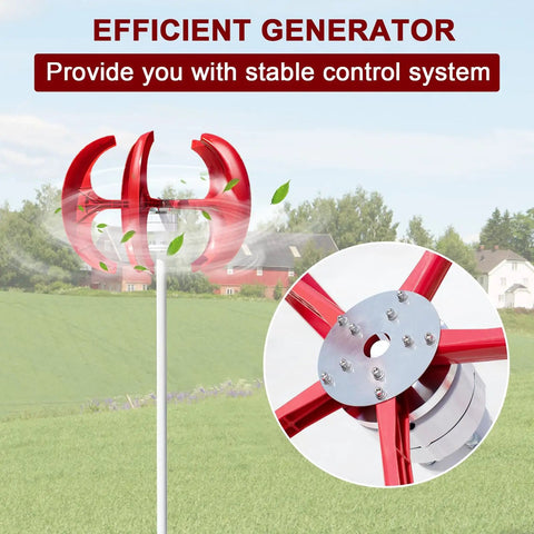 1000W Vertical Wind Turbine Kit With 12V 24V System, Low Noise Wind Power Generator with red nylon blades and close-up of alternator