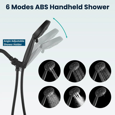 Heavy Duty Matte Black Shower Faucet Set With Integrated Pressure Balance Valve And Versatile Six Setting Handheld Sprayer Smooth Hookup For Major Home Refresh, showcasing six spray modes on handheld sprayer.