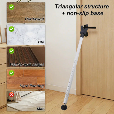 Two Pack Adjustable Heavy Duty Door Security Bars Rock Solid Sliding Glass Door Barricade Jammer with non-slip base on hardwood floor.