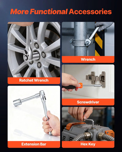Various tools from the 314 Piece Mechanic Tool Set Built Like A Tank including ratchet wrench, extension bar, and screwdriver, all chrome vanadium.