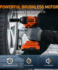 Beefy 20V Brushless Impact Wrench Kit being used to change car tire, powerful brushless motor and extended tool life visible