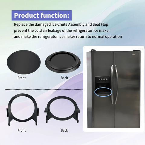 241688401 And 241688701 Refrigerator Dispenser Ice Chute Assembly And Door Seal Flap Replacement For Common Refrigerator Models Easy Install With Ice Chute Door Seal And Ice Maker Compatible Parts. Black front and back views on refrigerator dispenser