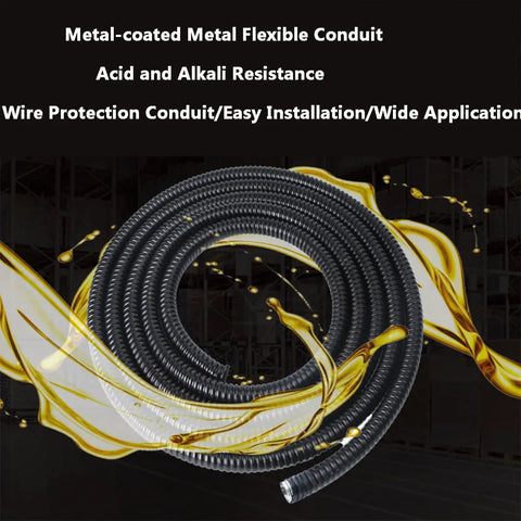 Rock Solid Flexible Metal Conduit With Kickass Flexibility And Protective Coated Steel Hose For Heavy Duty Electrical Wire Protection Smooth Corrugated Tubing Indoor Outdoor shown coiled with acid and alkali resistance features.