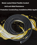 Heavy Duty Flexible Metal Conduit With Pvc Coated Steel Hose Serving Hard Core Electrical Wire Protection Flexes On A Dime Corrugated Tubing coil against a dark background.