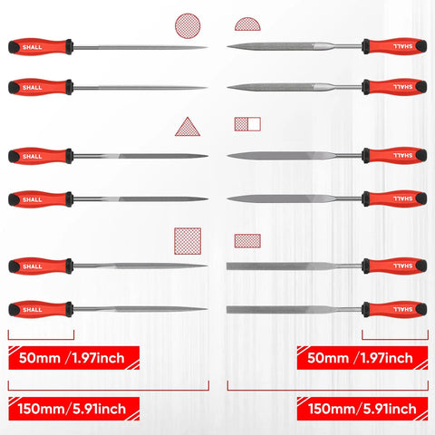 Pro Grade Heavy Duty 17 Piece Metal File Set with T12 Drop Forged Alloy Steel, various shaped files, and measurements displayed