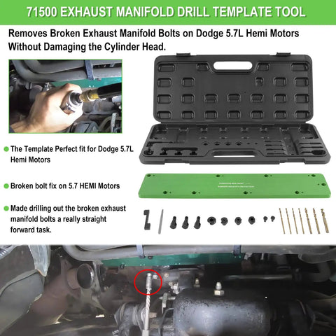 Heavy Duty Exhaust Manifold Drill Template Bolt Removal Tool Kit For Dodge 5.7L Hemi And Ram 1500 Garage Ready view showing drill bit in use.