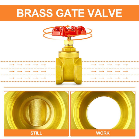 2-inch brass industrial gate valve with red wheel handle; female-to-female threads for water, oil, or gas.