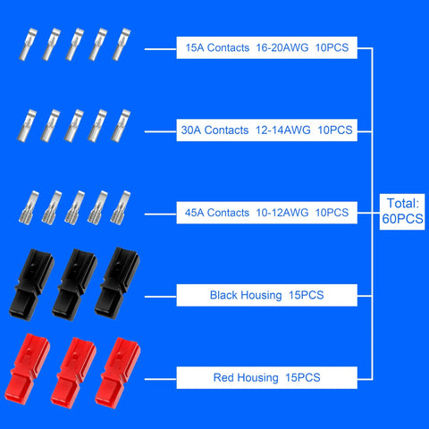 60-piece Power Connectors Kit for Quick Disconnect Battery and Modular Terminals with silver-plated contacts and housings