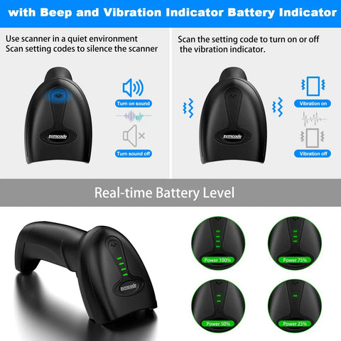 Bluetooth Wireless 2D Barcode Scanner With Auto Sensing Stand hands free scanning, battery level and vibration indicators shown.