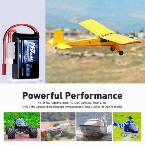 Two Pack 2S 7.4V 850mAh 50C LiPo Battery Soft Pack With JST Connector images of RC plane, car, boat, and helicopter.