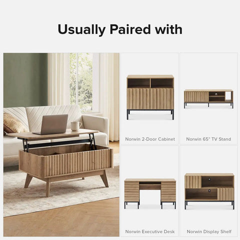 Lift Top Coffee Table With Hidden Storage, Mid Century Modern Farmhouse Design, Fluted Oak Finish, shown in living room with laptop.