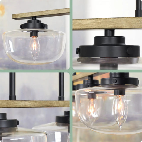 Close-up details of Grove 38 Inch 4 Light Dope Modern Farmhouse Kitchen Island Light With Schoolhouse Glass Shades In Smoked Birch Finish.