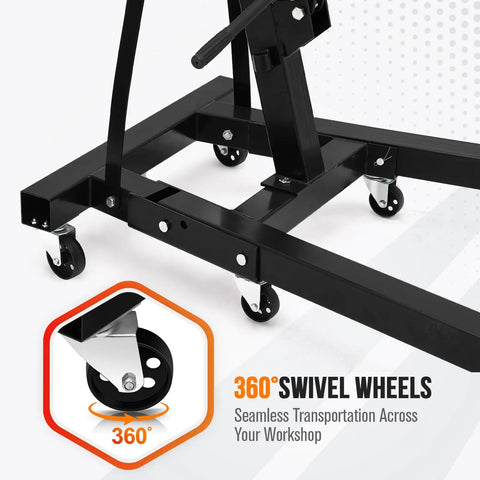 Heavy Duty Hydraulic Engine Hoist And Cherry Picker With 4400 LB Capacity Foldable Mobile Engine Crane base with 360° swivel wheels for mobility.