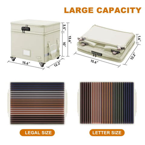 Rock Solid Fireproof Document Box With Secure Lock And Smooth Rollers Collapsible Portable Filing Cabinet Water Resistant Storage Organizer Roomy Beige dimensions and side view.