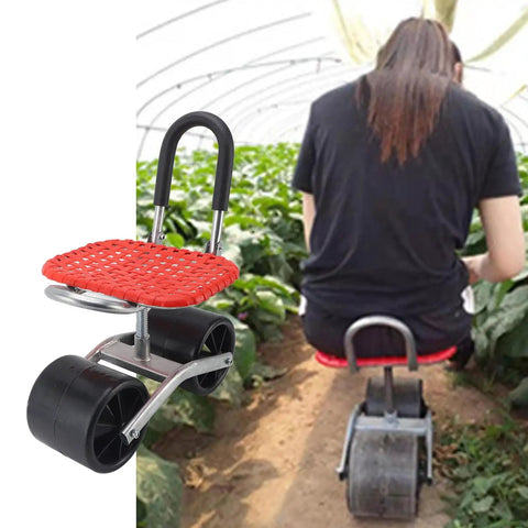 Wheeled garden stool with adjustable height iron construction used for labor-saving outdoor planting in a greenhouse.