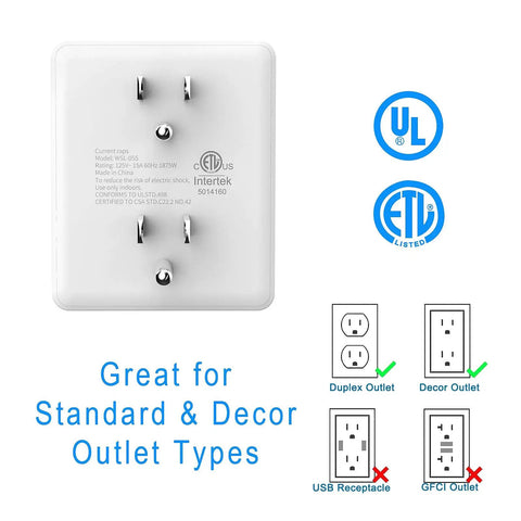 Outlet Extender Turn Two Outlets Into Six With This Space Saving 6 Outlet Wall Tap, showing compatibility with outlet types.