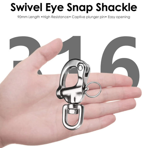 Swivel Eye Snap Shackle shown in hand, 90mm length, 316 stainless steel, designed for marine hardware.