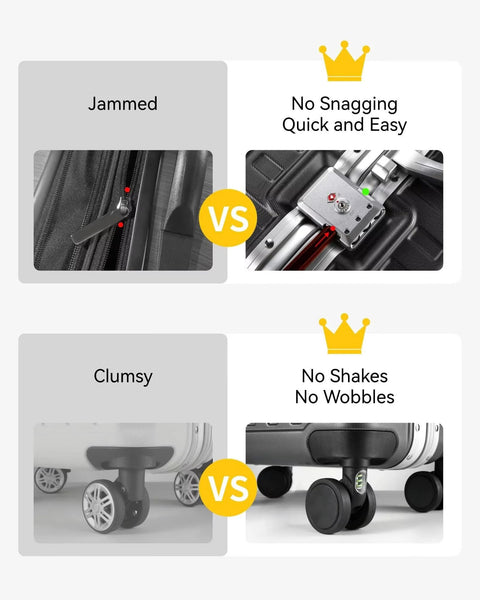 Comparison of zippered vs zipperless aluminum frame carry-on luggage with spinner wheels for smooth travel experience.