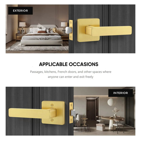 Gold Door Knob Set 5 Pack With Sleek Boss Look Corner Design Keyless Passage Handles Locking Function Smooth Feel Perfect For Hallway Kitchen And Conference Room, exterior and interior view on dark wood doors.