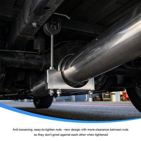 3 Inch Heavy Duty Exhaust Pipe Clamp And Universal Adjustable Muffler Hanger Bracket on a vehicle, showcasing reinforced steel design.