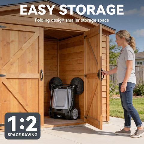 43 Inch Walk Behind Floor Sweeper With 15 Gallon Hopper Heavy Duty Industrial Cleaner For Warehouses stored in wooden shed.