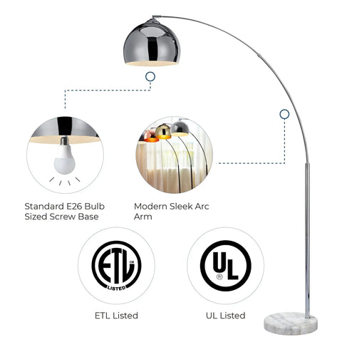 68 Inch Arc Floor Lamp With White Faux Marble Base And Chrome Bell Shade, standing light with details on bulb base and certifications shown.