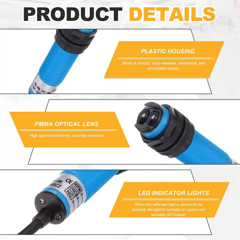 Industrial Grade Photoelectric Sensor M18 Diffuse Reflection, Three-Line Detection Range 200cm, with plastic housing and LED lights